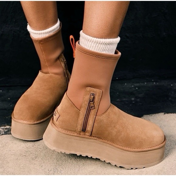 UGG WOMEN'S CLASSIC DIPPER Platform SUEDE SHEARLING LINED BOOTS CHESTNUT US 10 - Picture 3 of 16